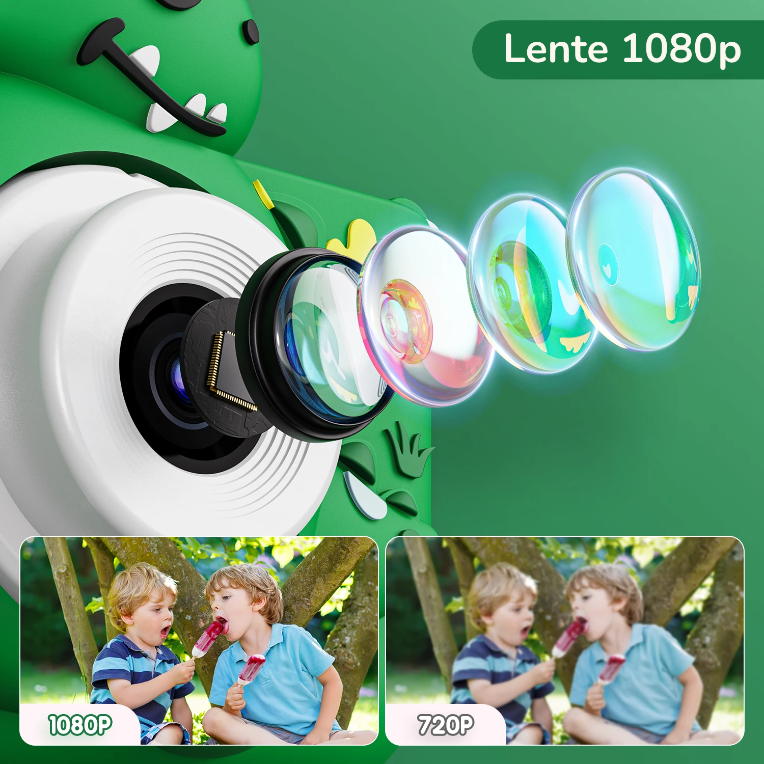 Cámara Digital HD 1080P para Niños | Diseño de Dinosaurio, Doble Cámara, 32GB Incluidos