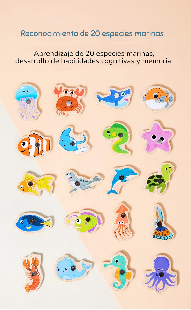 Juego de Pesca Magnética de Madera Montessori | Aprendizaje de Vida Marina