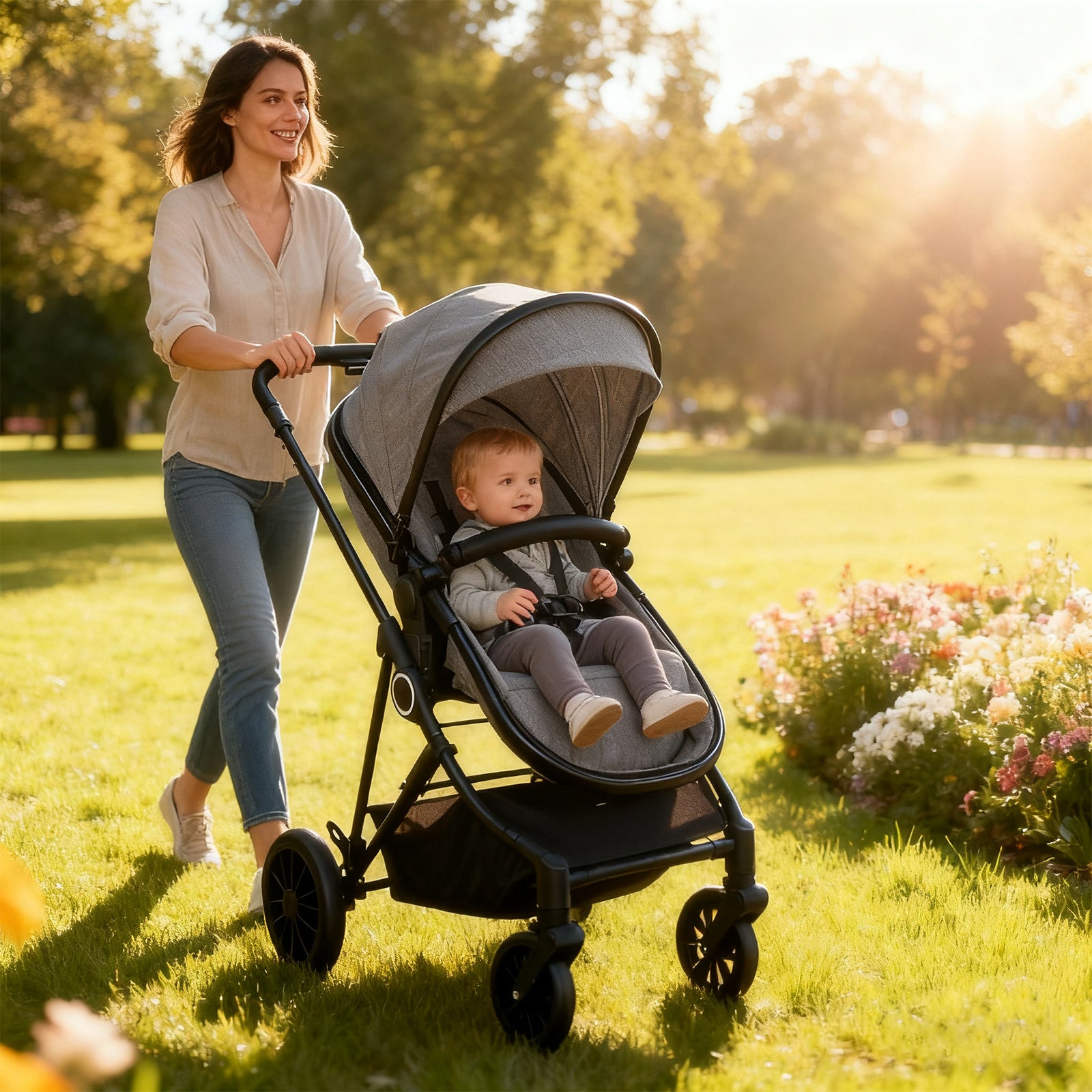 Carriola de Bebé Convertible 5 en 1 Plegable con Asiento Reversible y Amortiguación Premium