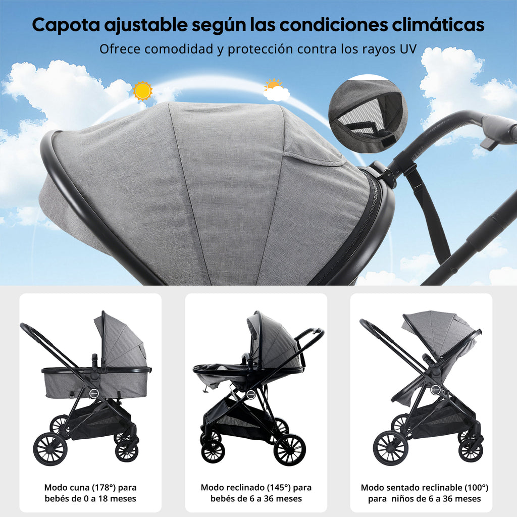 Carriola de Bebé Convertible 5 en 1 Plegable con Asiento Reversible y Amortiguación Premium