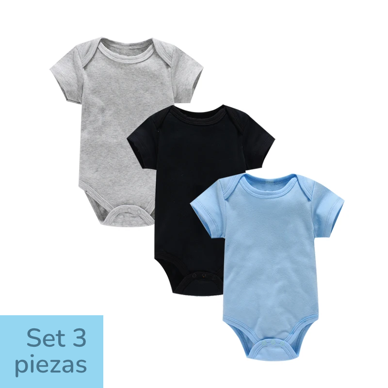 Set de 3 Bodys de Algodón 100% - Manga Corta y Color Sólido (Unisex)