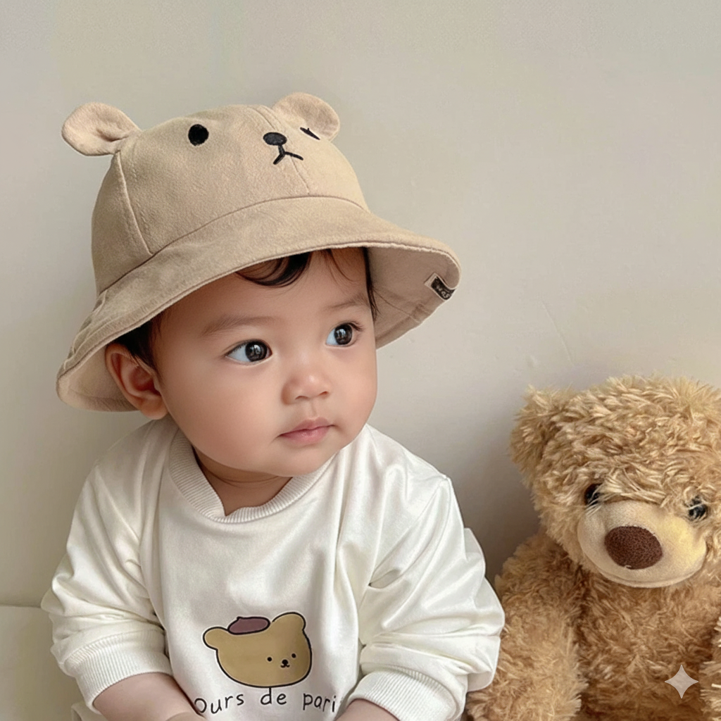 Gorro para el sol tipo cubo con Orejas de Oso: Protección y Ternura (3-18 Meses)