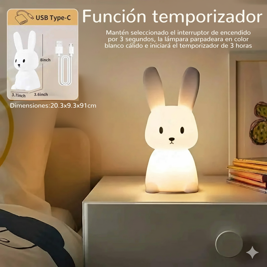 Lámpara LED de Conejo de Silicona | 7 Colores, Táctil y Recargable USB-C | 10 Horas de Luz