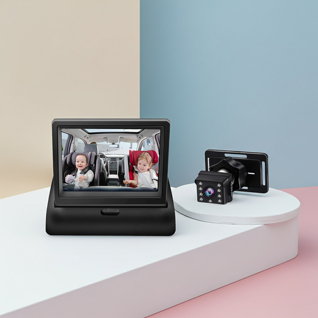Monitor de Bebé para Auto 1080P | Pantalla Plegable 4.3" | Visión Nocturna y Rotación 360°