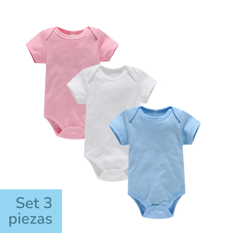 Set de 3 Bodys de Algodón 100% - Manga Corta y Color Sólido (Unisex)