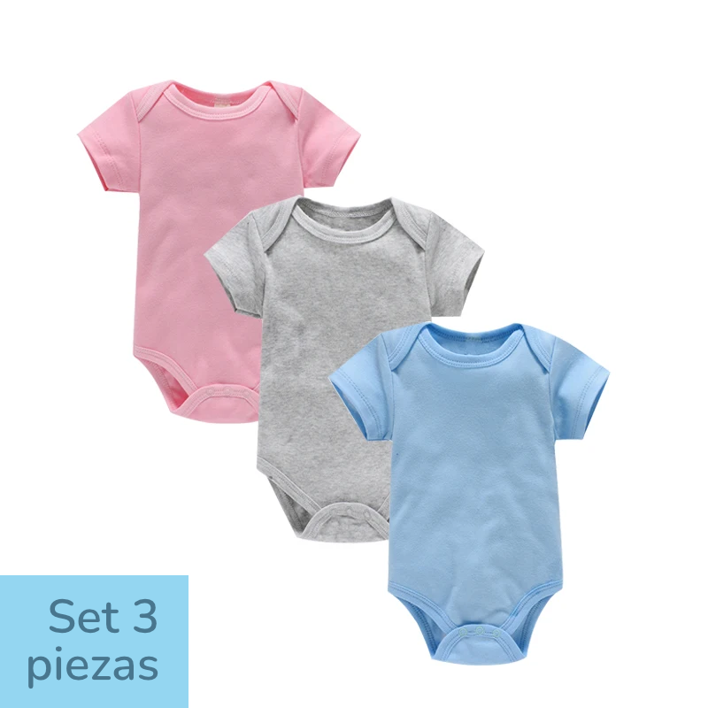 Set de 3 Bodys de Algodón 100% - Manga Corta y Color Sólido (Unisex)
