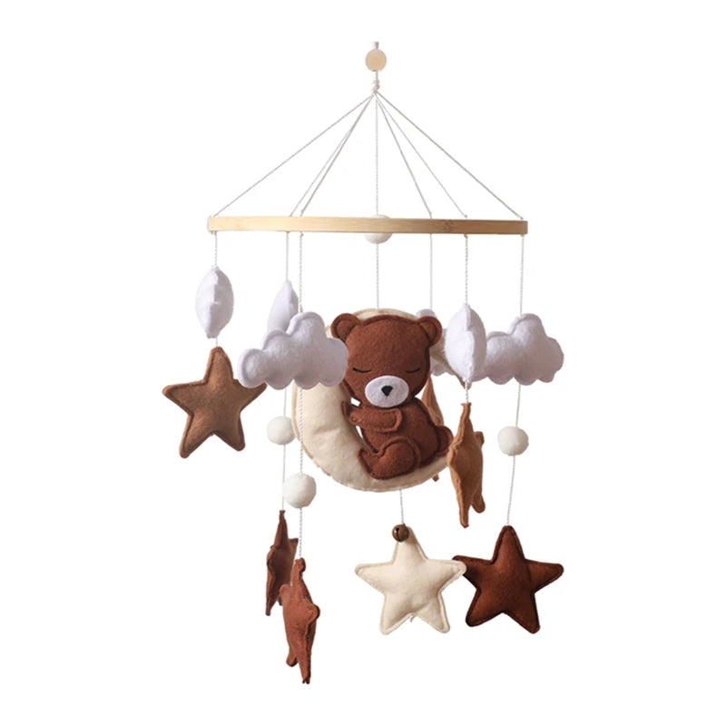 Móvil de Cuna 360° de Madera y Felpa | Estimulación Temprana | Oso Rosa, Conejo Café y Estrellas