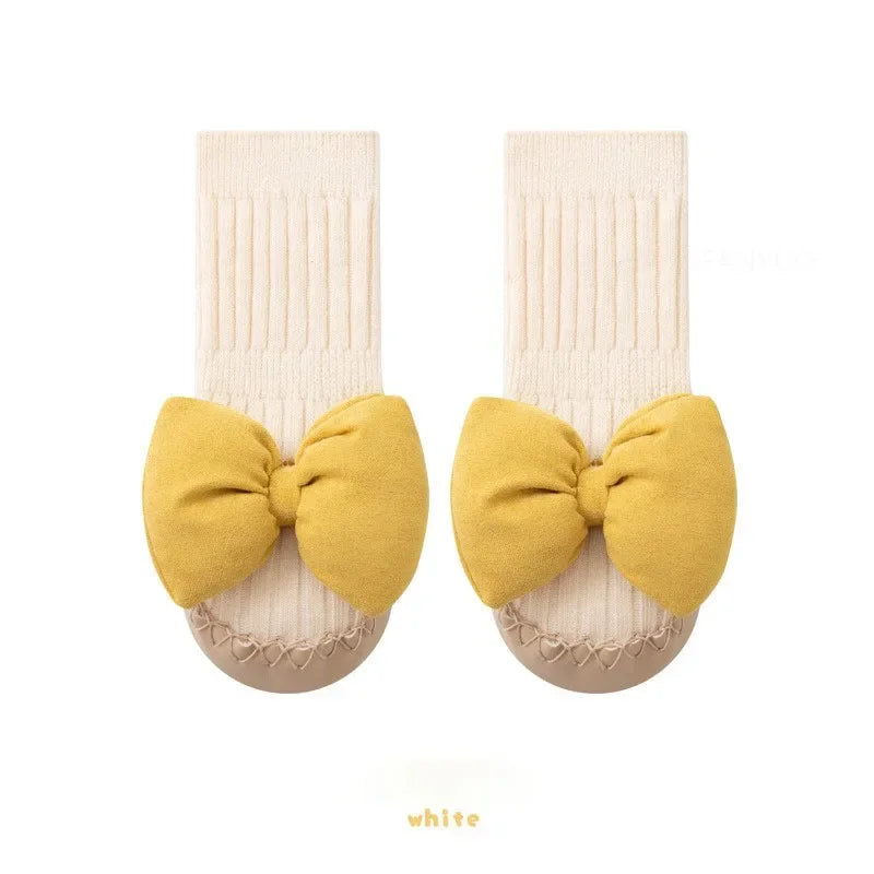 Zapatos-Calcetin Antideslizantes de Princesa con moño- Suela de Cuero Suave (Otoño)