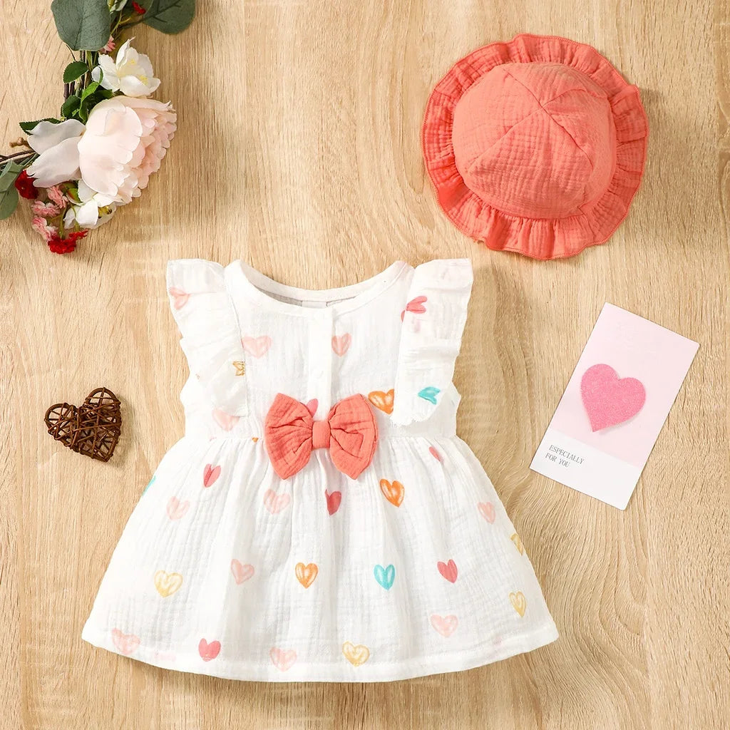 Conjunto de Vestido y Gorro de Verano: Frescura y Amor para Bebé Niña (0-9M)