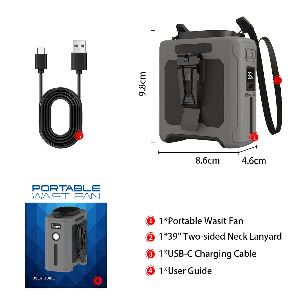 Ventilador de cintura portátil capacidad de bateria de 10000mAh con luz LED y capacidad de carga a dispositivos.