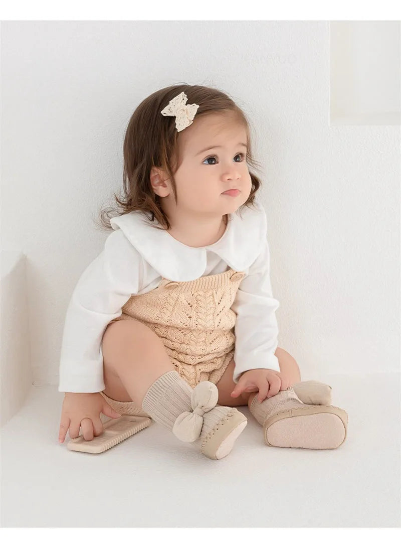 Zapatos-Calcetin Antideslizantes de Princesa con moño- Suela de Cuero Suave (Otoño)