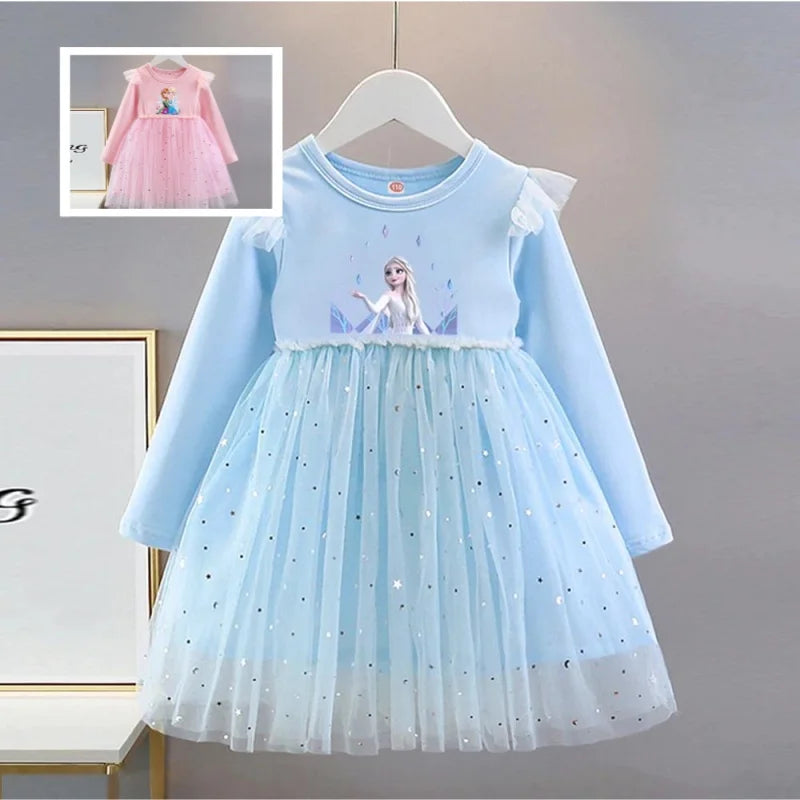 Vestido de Princesa Elsa (Frozen)| Manga Larga y Falda de Tul con Brillos (2-8 Años)