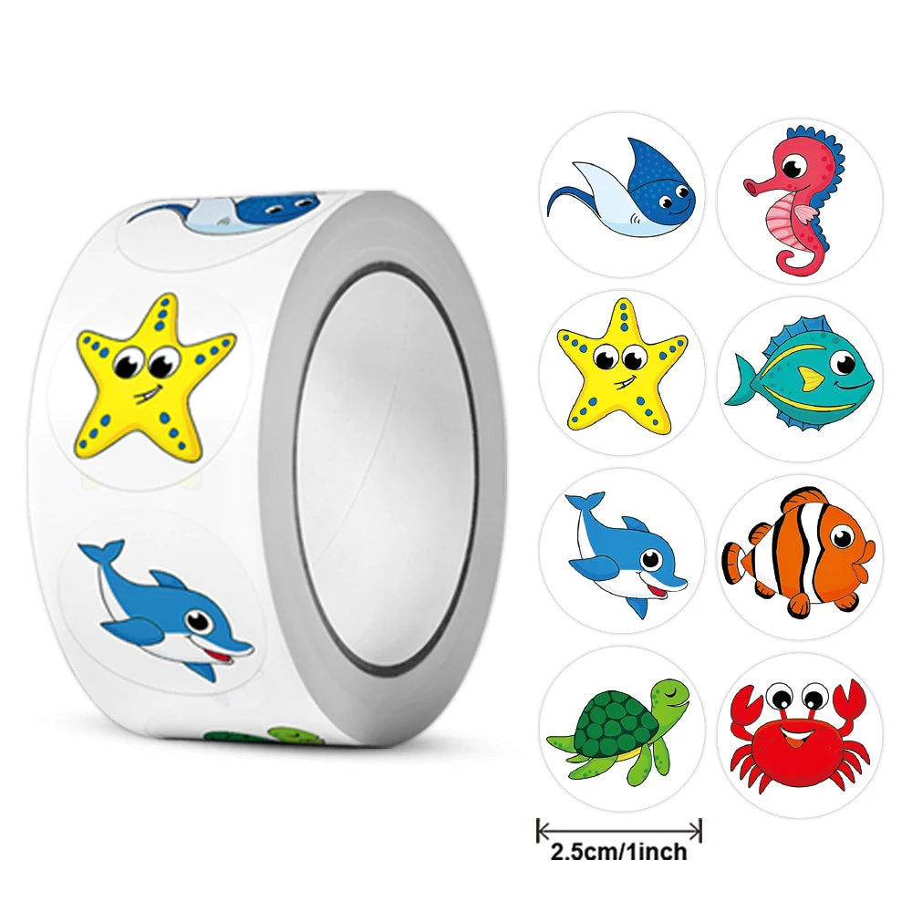 Rollo de 500 Pegatinas: Animales Marinos y Recompensas Educativas