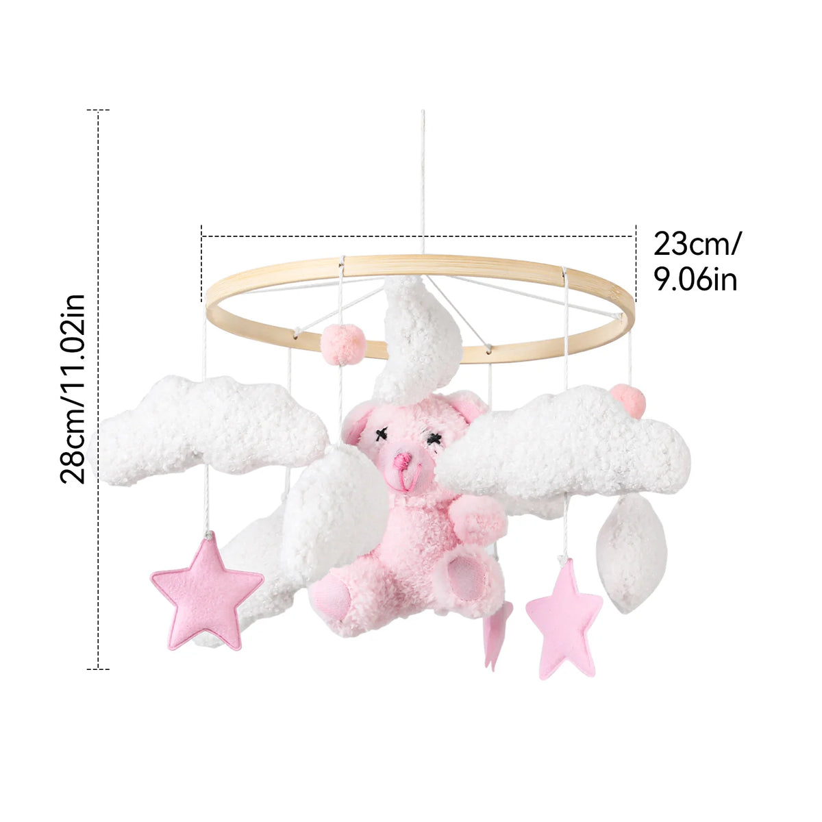 Móvil de Cuna 360° de Madera y Felpa | Estimulación Temprana | Oso Rosa, Conejo Café y Estrellas