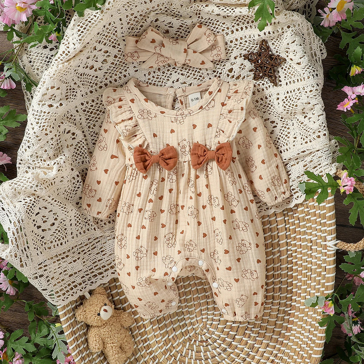 Mameluco de niña diseño Floral (0-6M): Comodidad 100% Algodón y Diadema a Juego