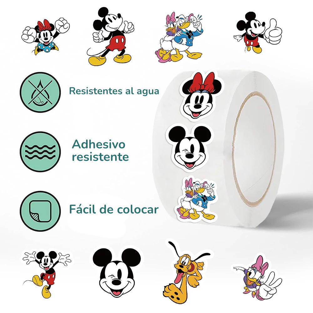 Rollo de 500 Pegatinas Disney: Mickey, Minnie y Amigos | Decoración DIY y Recompensas