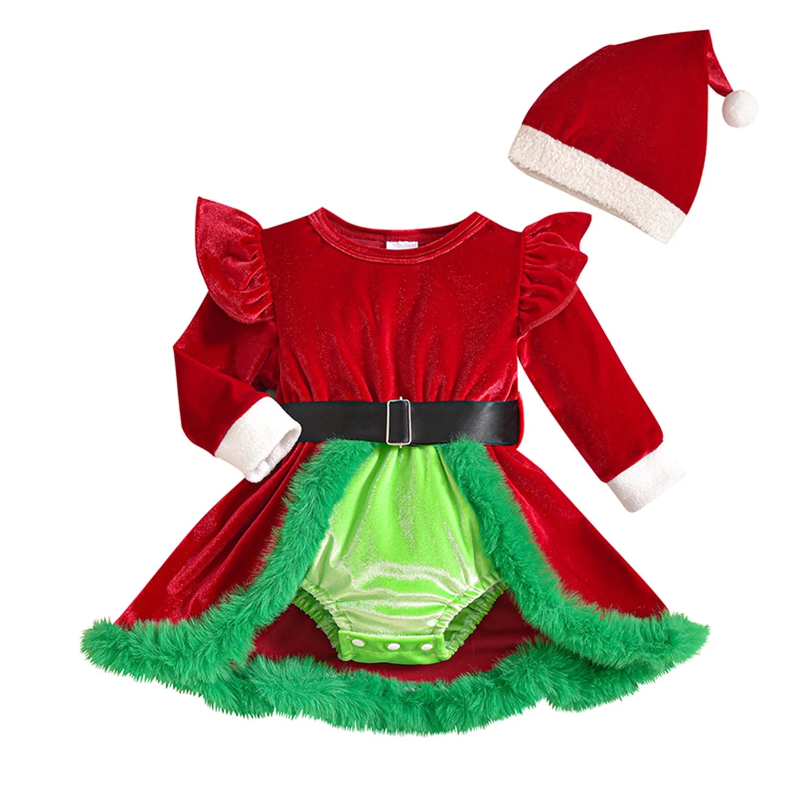 Conjunto de vestido navideño (Vestido-Mameluco + Gorro) (0-24M)