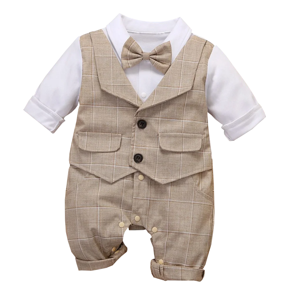 Conjunto Formal de Bebé Niño: Mameluco de Cuadros y Corbata de Moño (3-24M)