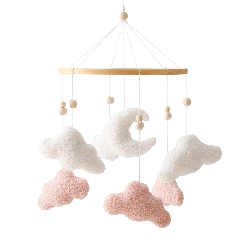 Móvil de Cuna 360° de Madera y Felpa | Estimulación Temprana | Oso Rosa, Conejo Café y Estrellas