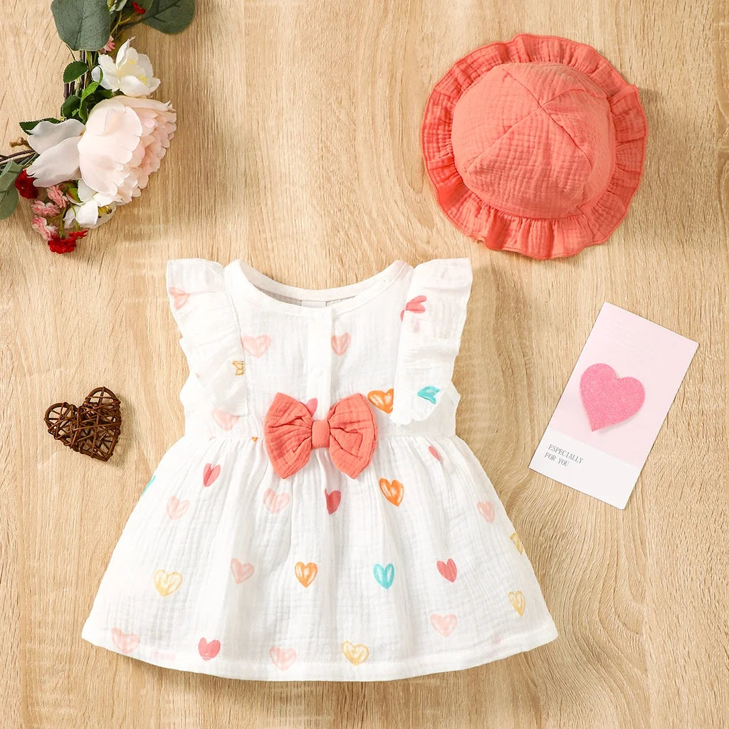 Conjunto de Vestido y Gorro de Verano: Frescura y Amor para Bebé Niña (0-9M)