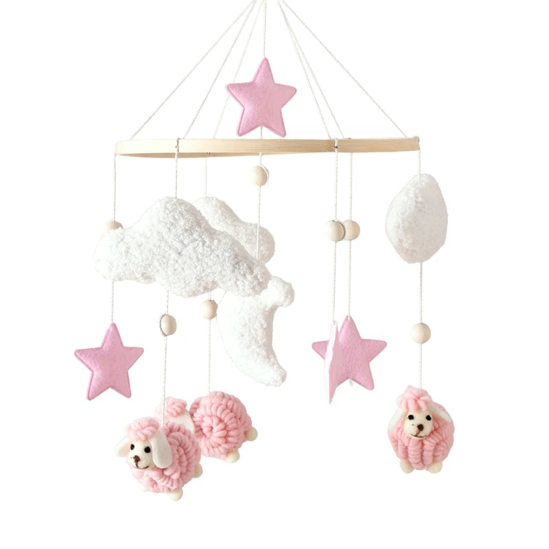 Móvil de Cuna 360° de Madera y Felpa | Estimulación Temprana | Oso Rosa, Conejo Café y Estrellas