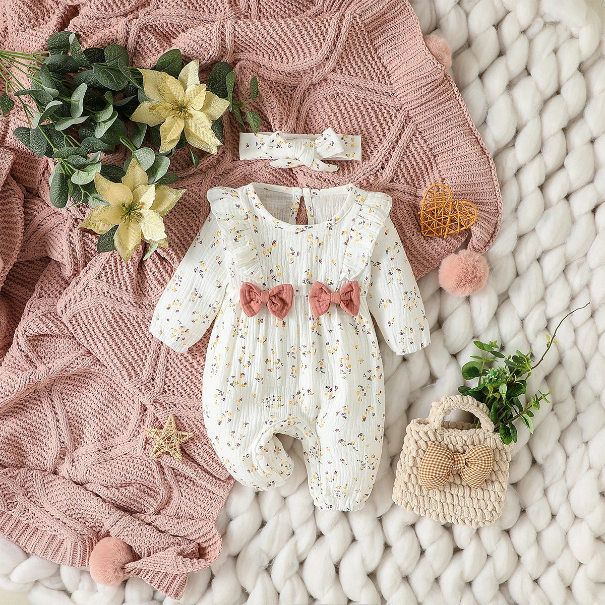 Mameluco de niña diseño Floral (0-6M): Comodidad 100% Algodón y Diadema a Juego