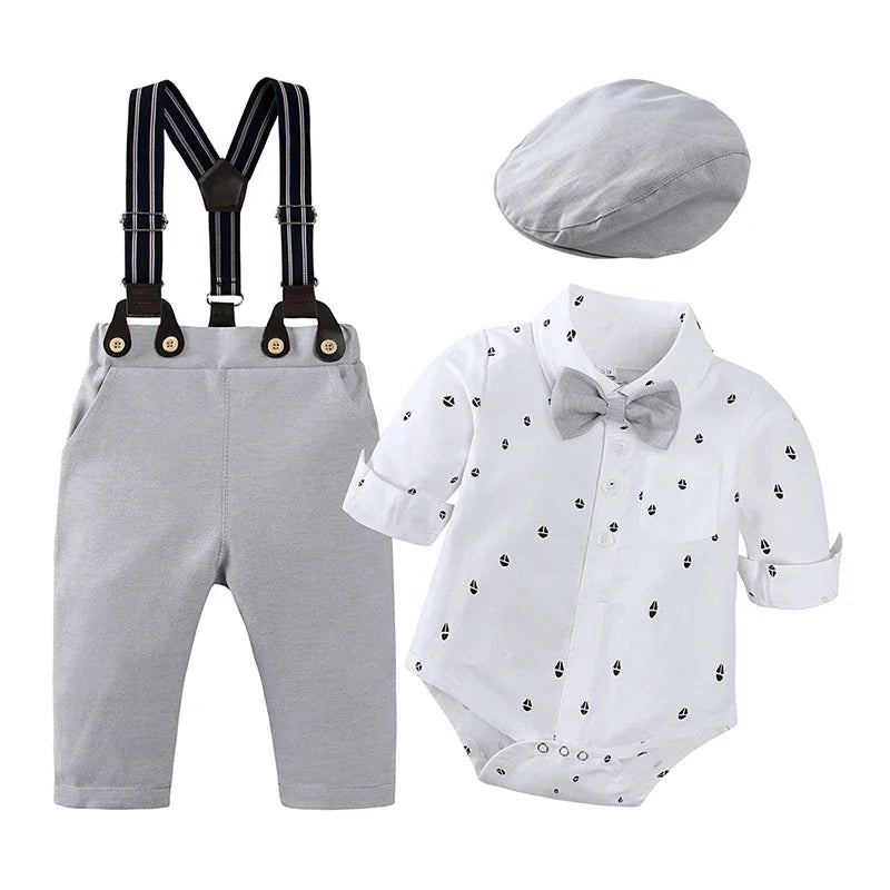 Conjunto de Caballero para Bebé Niño: Mameluco Corto, Pantalón de tirantes y Gorro (0-3T)