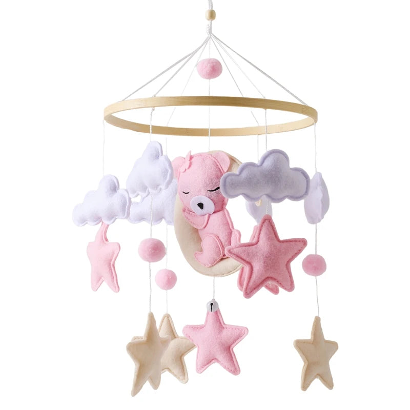 Móvil de Cuna 360° de Madera y Felpa | Estimulación Temprana | Oso Rosa, Conejo Café y Estrellas