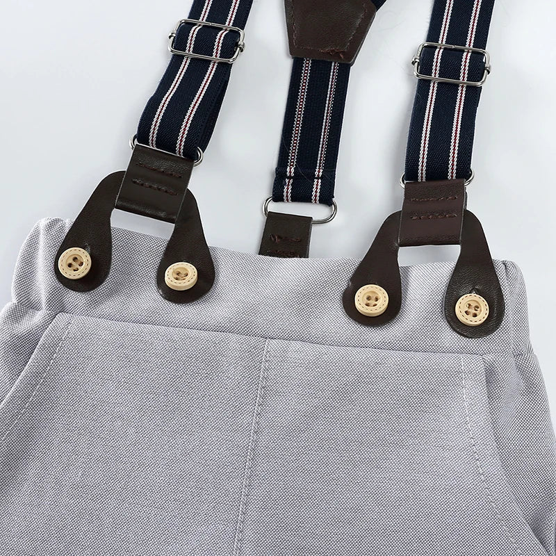 Conjunto de Caballero para Bebé Niño: Mameluco Corto, Pantalón de tirantes y Gorro (0-3T)