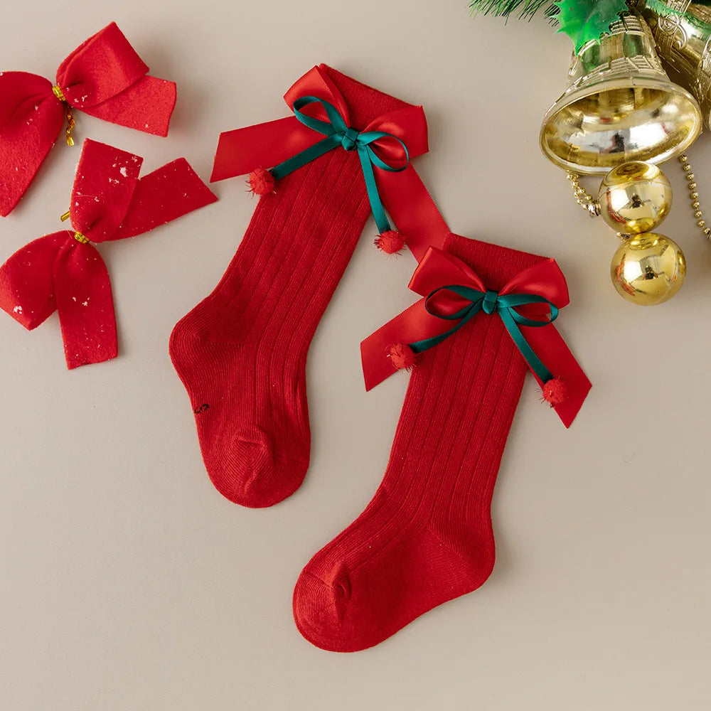 Calcetines Largos Navideños: Estilo Español y Lazo de Mariposa (0-24M)
