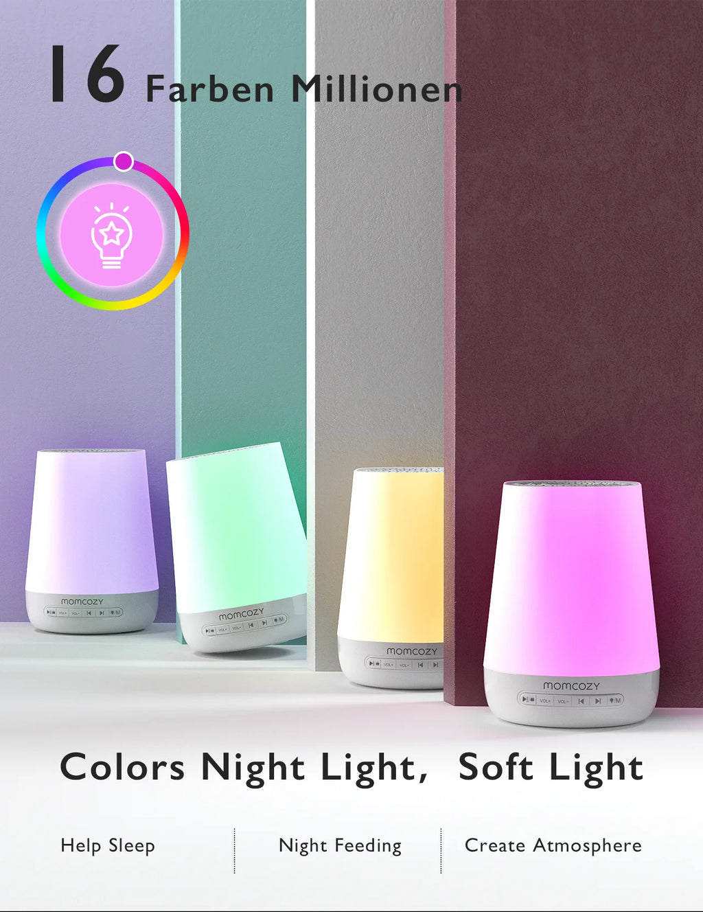 Máquina de Ruido Momcozy Smart | 34 Sonidos, Luz Nocturna RGB y Control Remoto por Aplicación (Wi-Fi)