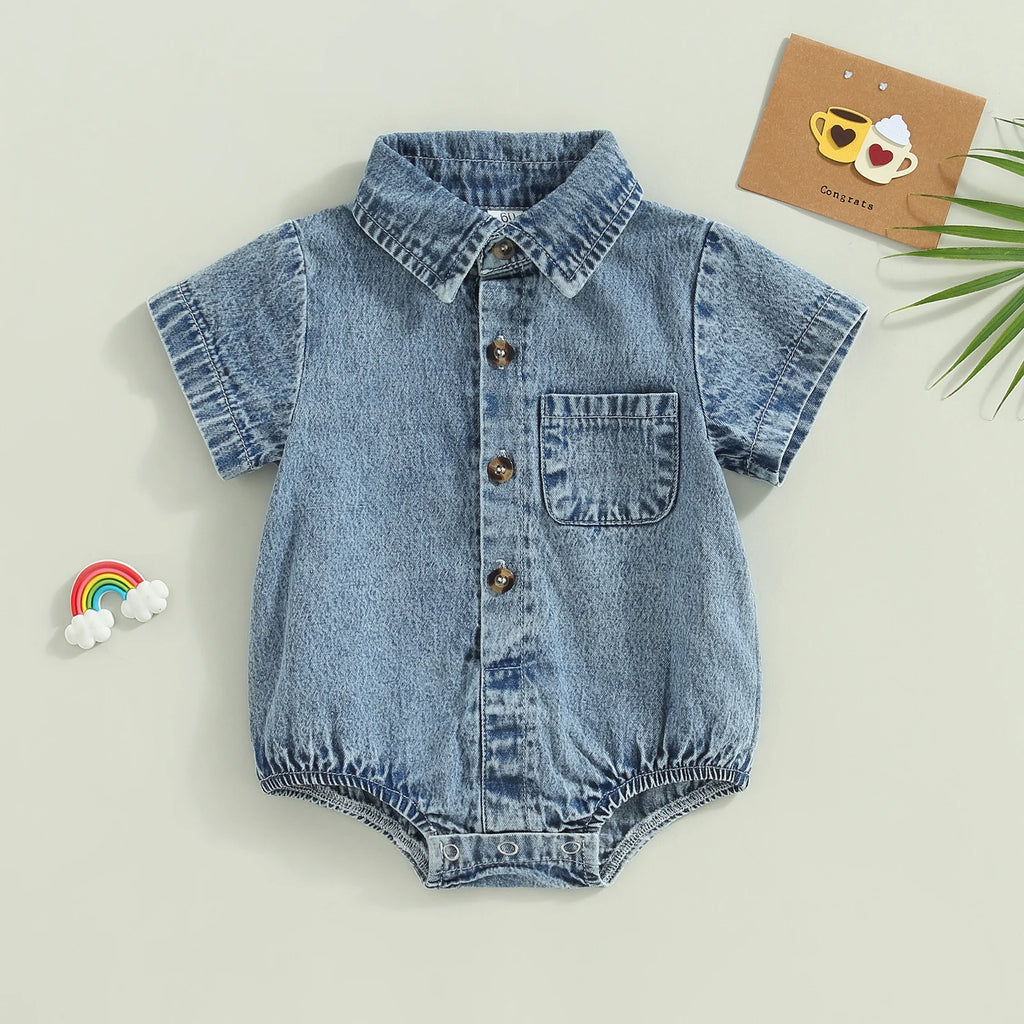 Mameluco de Mezclilla (Denim) para Bebé - Manga Corta y Cuello