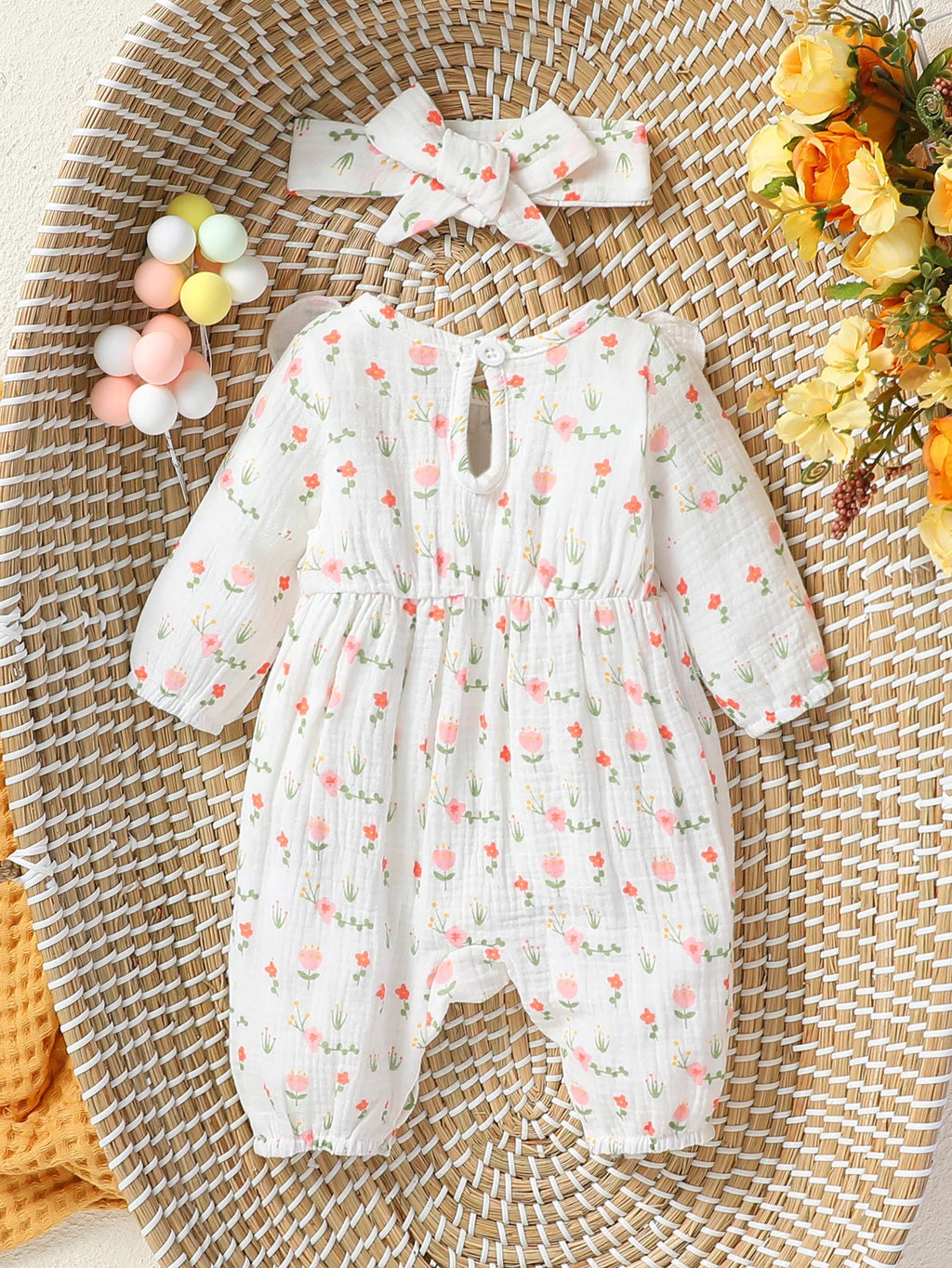 Mameluco de niña diseño Floral (0-6M): Comodidad 100% Algodón y Diadema a Juego
