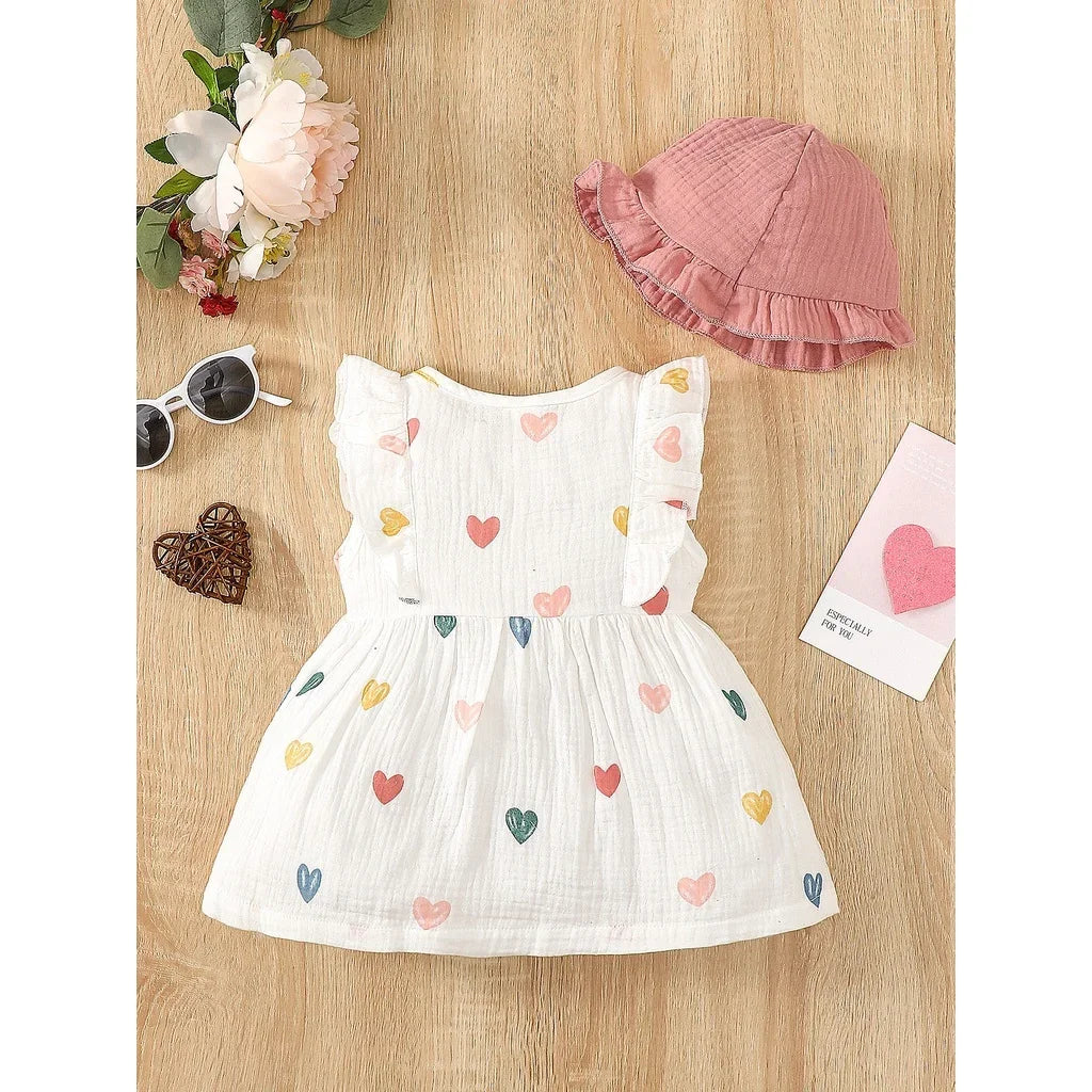 Conjunto de Vestido y Gorro de Verano: Frescura y Amor para Bebé Niña (0-9M)