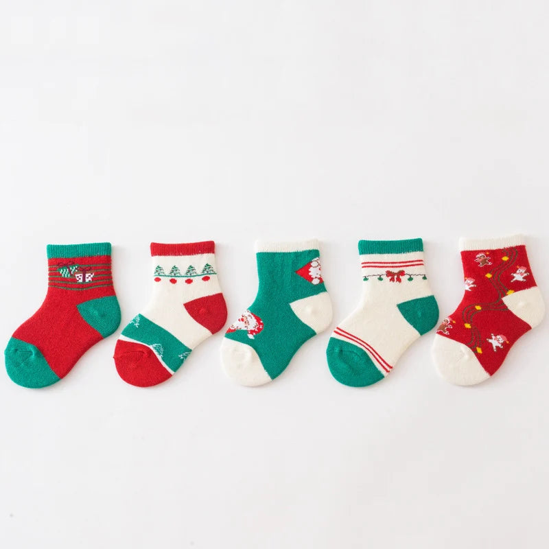 Set de 5 Pares de Calcetines Navideños para Bebés y Niños | Algodón Grueso, Tubo Medio (0-3 Años)