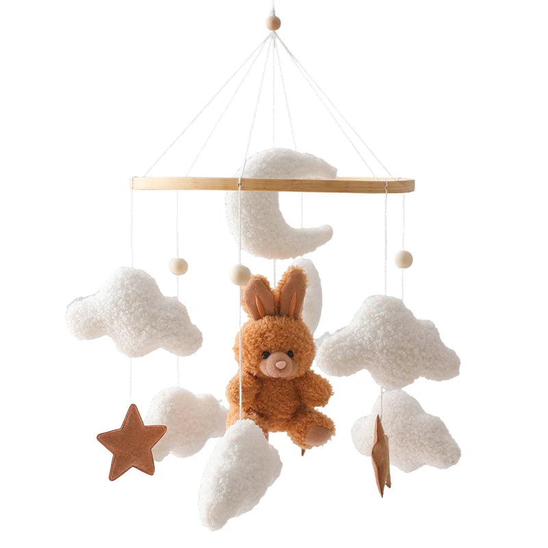 Móvil de Cuna 360° de Madera y Felpa | Estimulación Temprana | Oso Rosa, Conejo Café y Estrellas