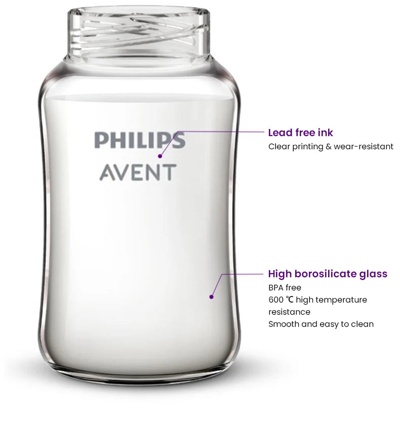 Biberón de Vidrio Philips Avent (125 ml/160 ml) | Borosilicato Puro, Calibre Ancho y Sistema Air Flex