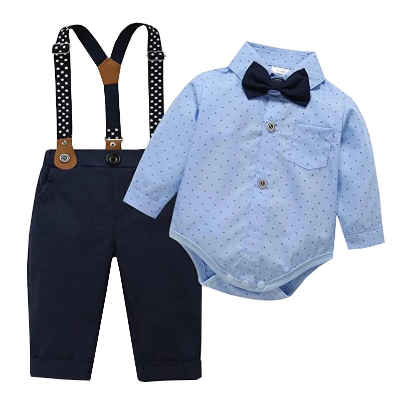 Conjunto de Boda y Fiesta Formal: Mameluco, Pantalón, Tirantes y Moño (3-24M)