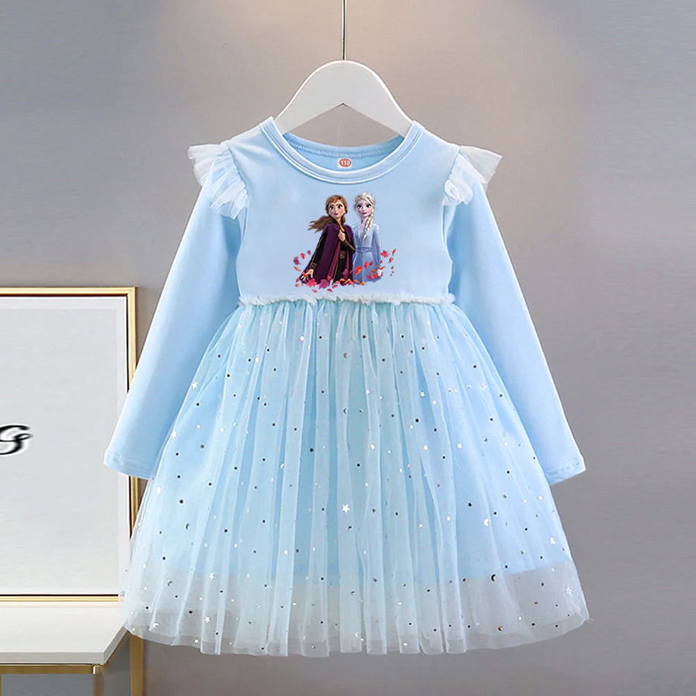 Vestido de Princesa Elsa (Frozen)| Manga Larga y Falda de Tul con Brillos (2-8 Años)