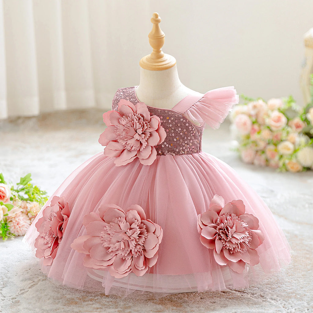 Vestido Elegante de Flores y Lentejuelas para Bebé Niña| Ideal para Bautizos y Primer Cumpleaños  (6M-3T)
