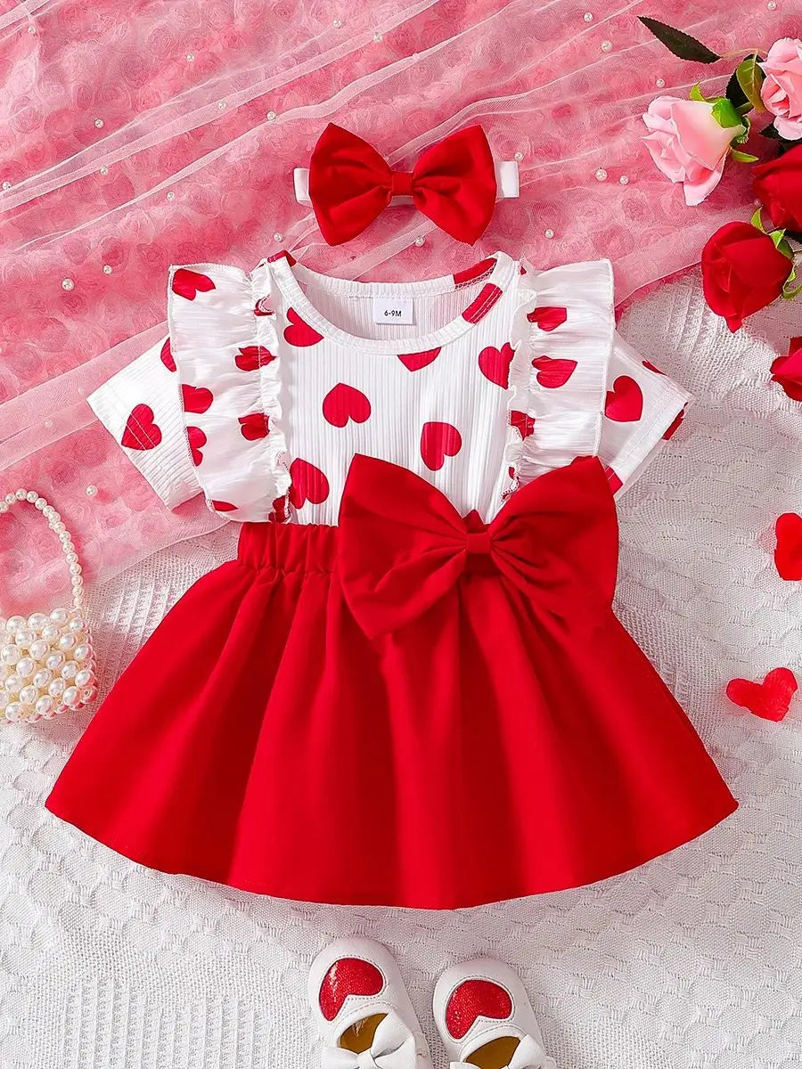 Conjunto Verano Bebé: Blusa Corazones y Falda Roja con Diadema (3-24M)