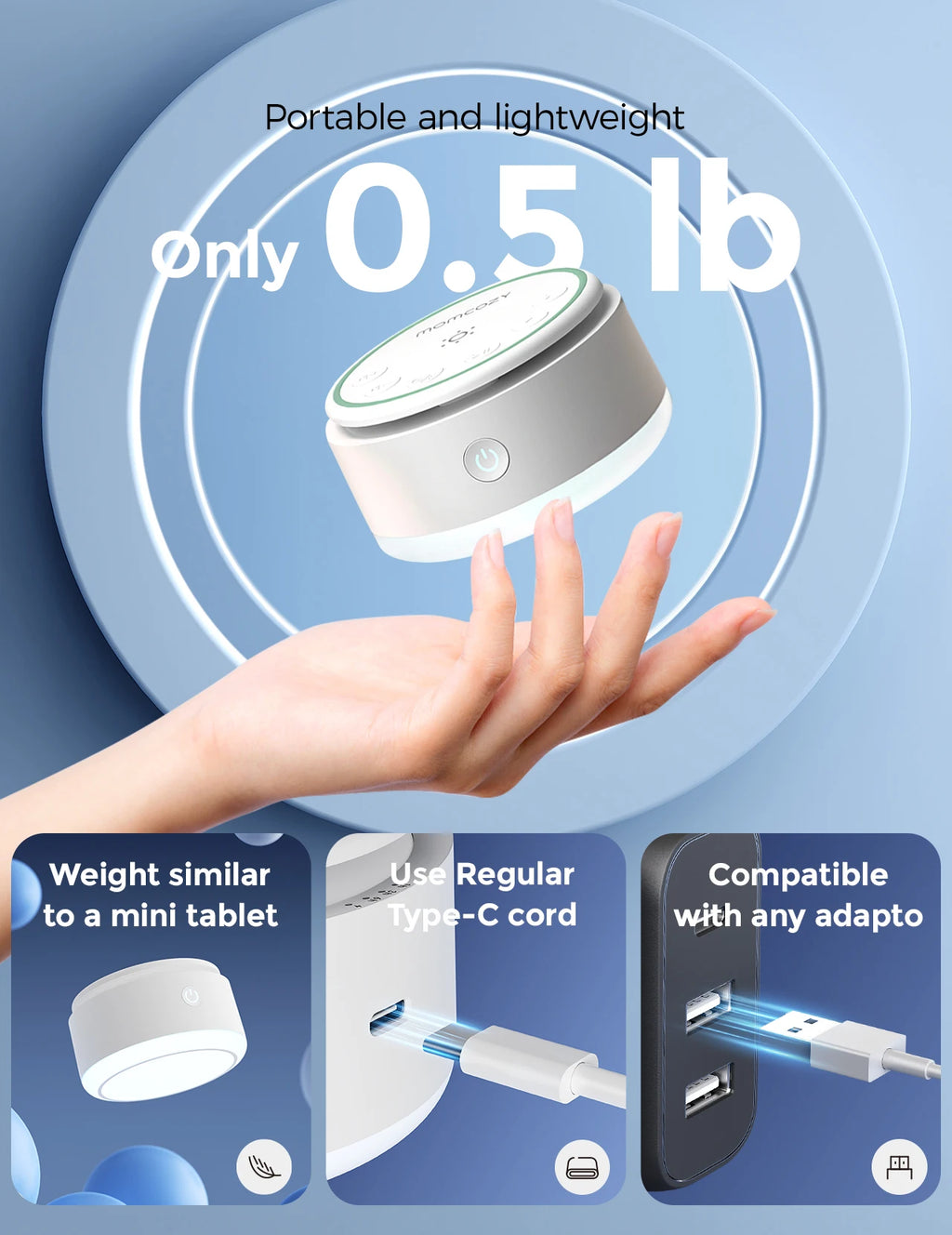 Máquina de Ruido Blanco para Bebé Momcozy | Portátil, 20 Sonidos para Dormir y Luz Nocturna Táctil