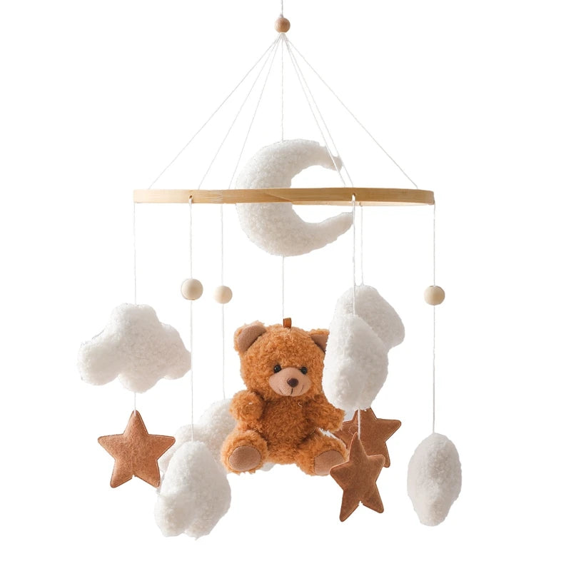 Móvil de Cuna 360° de Madera y Felpa | Estimulación Temprana | Oso Rosa, Conejo Café y Estrellas