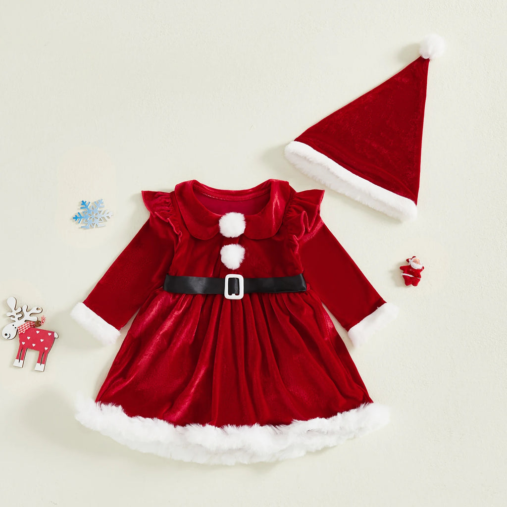 Conjunto Navideño de Terciopelo para Bebé Niña (Vestido-Mameluco + Gorro)
