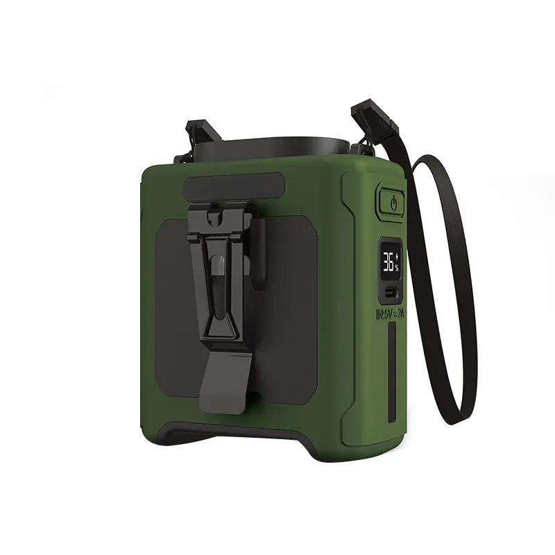 Ventilador de cintura portátil capacidad de bateria de 10000mAh con luz LED y capacidad de carga a dispositivos.