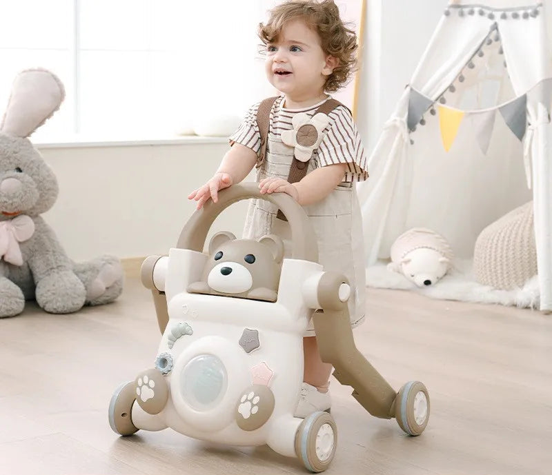 Andadera Bebé 3 en 1 Osito Encantador: Sentado a Caminar, Antivuelco y Multifuncional – Primeros Pasos Seguros