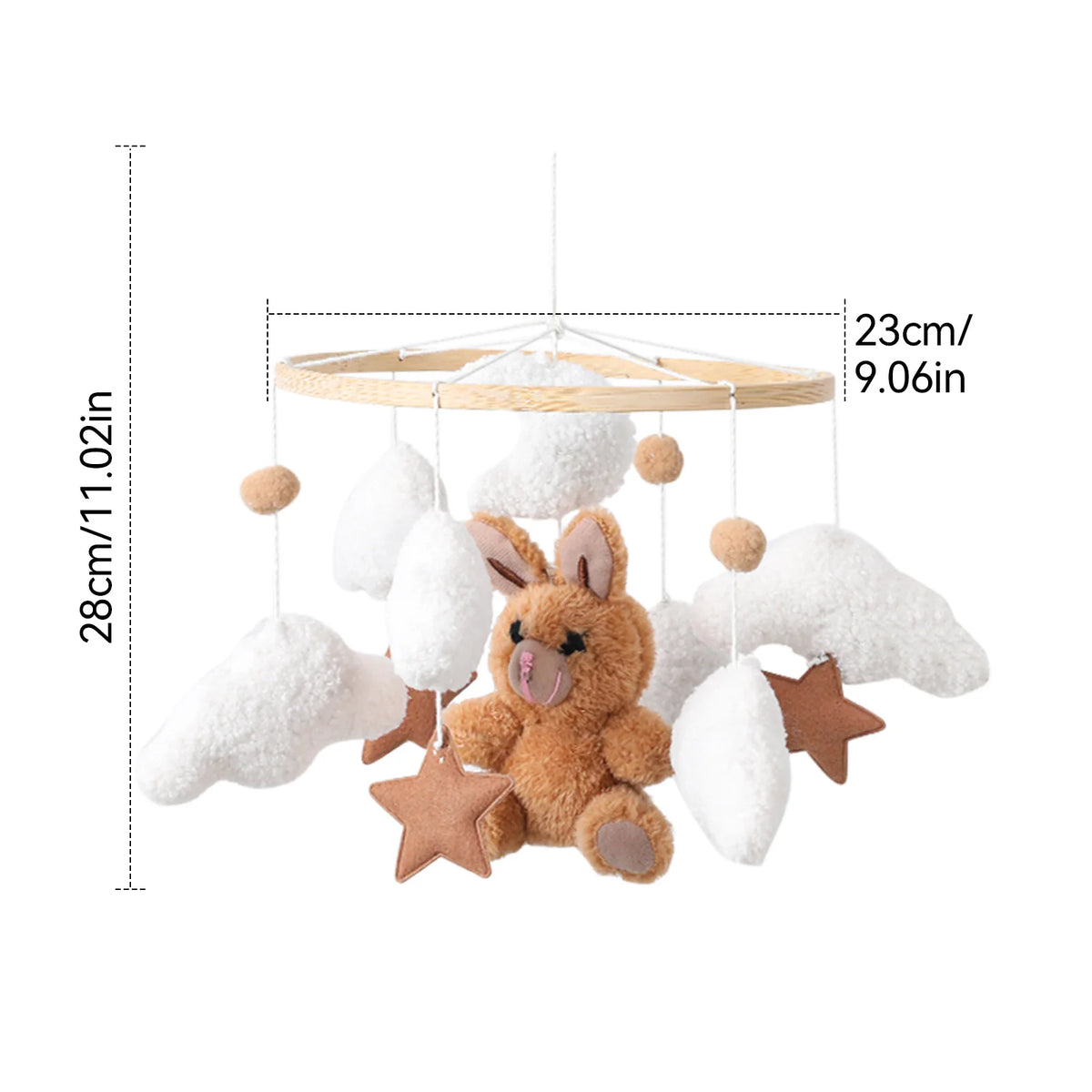 Móvil de Cuna 360° de Madera y Felpa | Estimulación Temprana | Oso Rosa, Conejo Café y Estrellas
