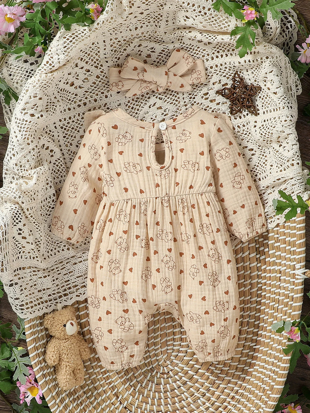 Mameluco de niña diseño Floral (0-6M): Comodidad 100% Algodón y Diadema a Juego