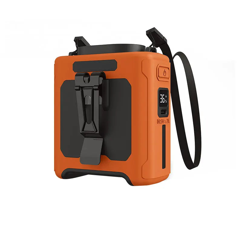 Ventilador de cintura portátil capacidad de bateria de 10000mAh con luz LED y capacidad de carga a dispositivos.