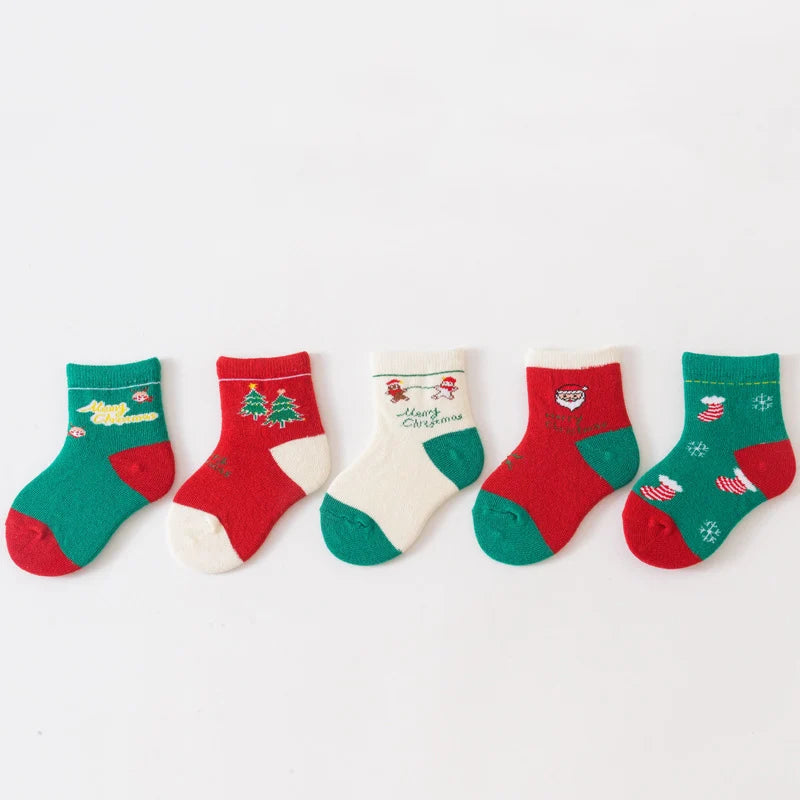 Set de 5 Pares de Calcetines Navideños para Bebés y Niños | Algodón Grueso, Tubo Medio (0-3 Años)